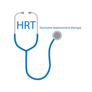 Hrt 激素替代疗法文本和听诊器图标矢量插图