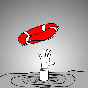 溺水的商人得到红色救生圈从另一个人矢量插图涂鸦手绘素描手绘制黑色