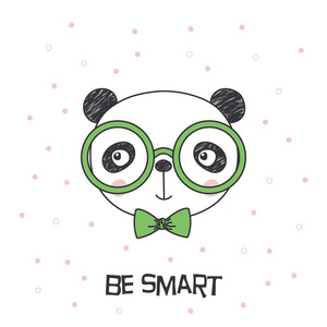 手绘矢量肖像可爱有趣卡通熊猫男孩戴着领结眼镜,文字聪明照片