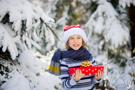 拳击节在圣诞老人的帽子和围巾的男孩拿着一个明亮的盒子, 手里拿着礼物