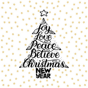 快乐, 爱, 和平, 相信, 圣诞节, 新年。贺卡请柬印刷品海报的手写字体。版式假日邮件。快乐的圣诞节和新年矢量插画