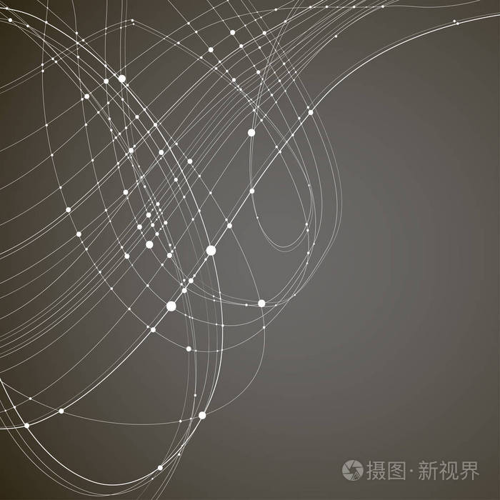 抽象矢量背景白色圆形曲线相交线与圆形点在交叉口在黑色背景技术学科