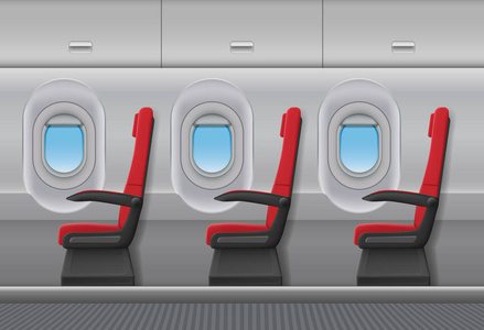 乘客飞机红色载体内部。飞机室内客舱与舷窗和椅子座椅。矢量插图