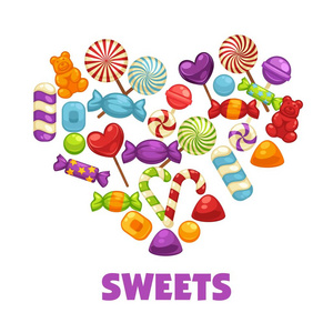 心形海报上有美味的糖果和棒棒糖。木制木棒上的焦糖糖果，条纹圣诞糖果和软果冻熊卡通平面矢量插图白色背景。