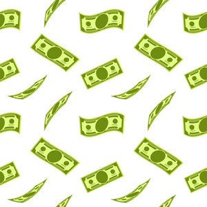 钱利润许多绿色纸钞票,从上面落下的无缝图案卡通平面矢量插图白色