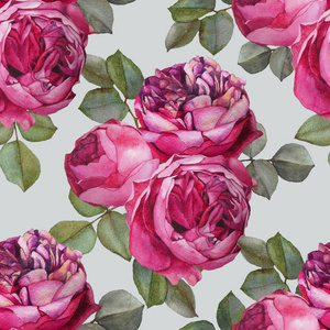 花卉无缝图案与水彩粉红色玫瑰。 背景与花束手绘水彩花