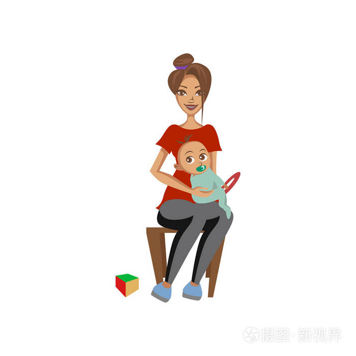 年轻的妇女坐在椅子上, 在她的膝盖上的孩子婴儿母亲照顾她的孩子彩色