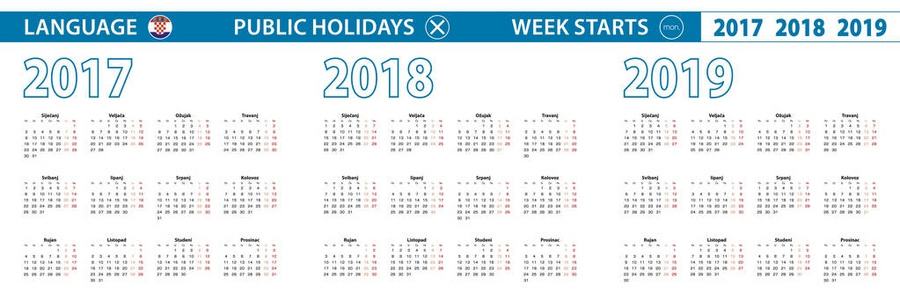 简单的日历模板在克罗地亚语为 2017, 2018, 2019 年