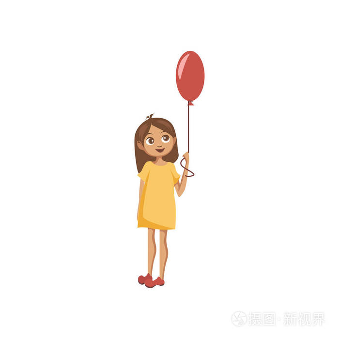 可爱的小女孩站在气球卡通矢量插图