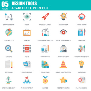 平面设计工具，艺术和媒体图标设置为网站和移动网站和应用程序。 包含创新视觉绘画等图标。 48x48像素完美。 可编辑笔画。 矢量