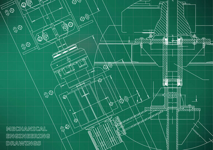 蓝图。 机械工程图纸。 技术设计。 掩护。 横幅。 浅绿色。 网格