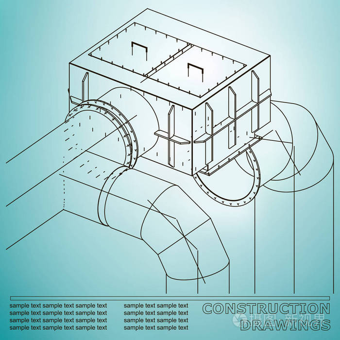 管道和管道. 钢结构三维蓝图. 淡蓝色