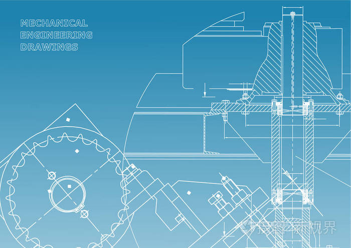 蓝图。 机械图纸。 工程插图。 技术设计。 横幅。 白色和蓝色