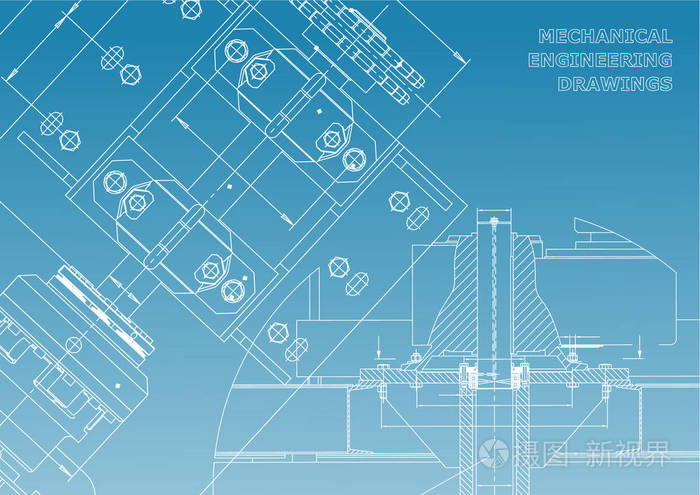 工程背景。 技术设计。 机械工程图纸。 蓝图。 蓝色和白色
