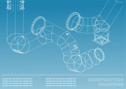 结构图纸。 管道和管道。 钢结构三维蓝图。 为你的设计封面背景。 蓝色和白色
