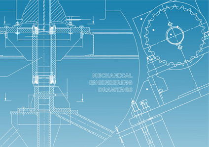 工程背景。 技术。 机械工程图纸。 蓝图。 白色和蓝色