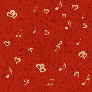 音乐音符和心在咕噜的背景下. 红色背景上的感官矢量插图.照片