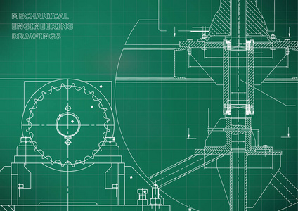 蓝图。 机械施工。 工程插图。 技术设计。 横幅。 浅绿色。 网格