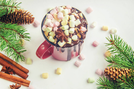圣诞节背景下的热巧克力和棉花糖。 选择性聚焦。