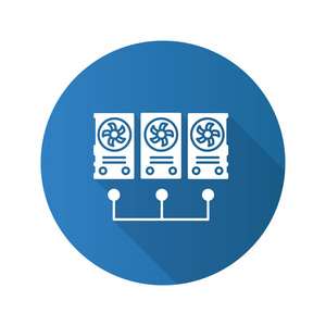 图形卡挖掘业务平面设计长阴影字形图标。 连接的视频卡。 加密货币GPU采矿场。 矢量轮廓图