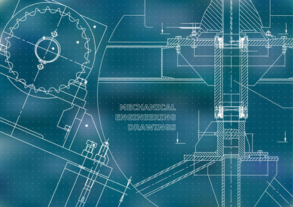 蓝图。 机械施工。 技术设计。 工程插图。 横幅。 蓝色。 要点