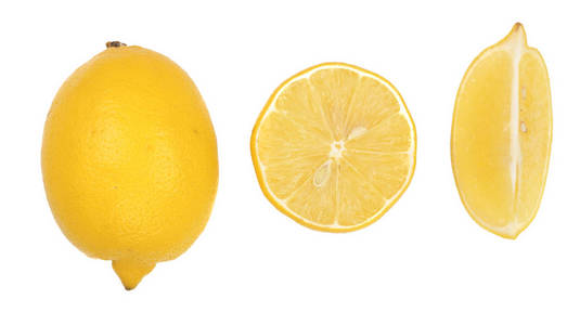 柠檬和切片在白色背景上隔离。设置或集合