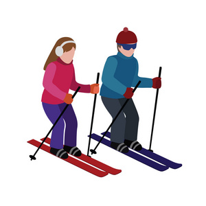 等距隔绝的人和妇女滑雪。快乐的情侣喜欢滑雪。越野滑雪, 冬季运动。奥运会游戏, 娱乐生活, 活动速度极端