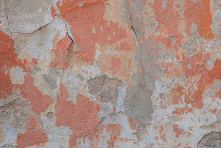 旧石膏墙的裂缝, 切碎的油漆, 红色的纹理, 背景
