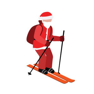 等距隔离圣诞老人滑雪。圣诞节和新年即将来临。圣诞老人拉礼物。越野滑雪, 冬季运动