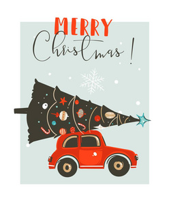 手绘矢量圣诞时光卡通图形插图卡设计模板红色的汽车, 圣诞树和现代版式圣诞快乐孤立在白色背景