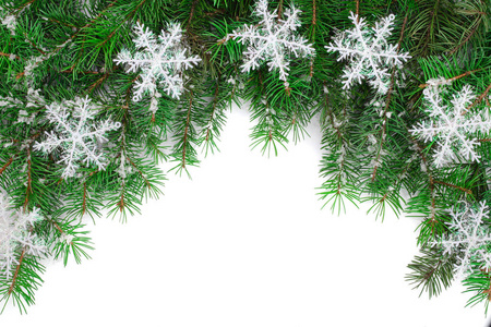 圣诞节的背景装饰与雪花的白色隔离与复制空间为您的文本。顶部视图