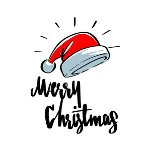 圣诞老人的帽子和欢快的圣诞刻字书法, 插画矢量问候和邀请卡设计