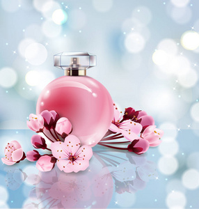 樱花香水广告, 写实风格的香水在一个玻璃瓶上模糊的蓝色背景与散与樱花花。推广新 fragrancevector 模板的伟大广告海