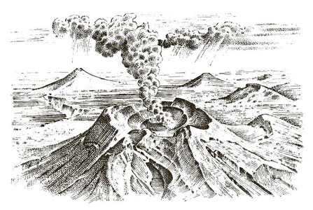 火山活动与岩浆烟雾在喷发之前和熔岩或自然灾害。旅行探险山风景。手绘旧素描, 复古风格