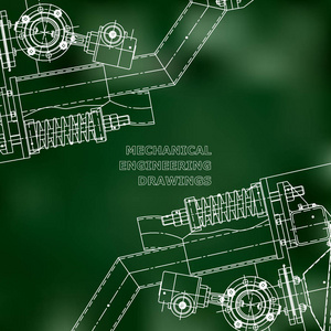 机械工程图纸。 技术插图。 技术设计图纸。 铭文的封面地方。 绿色绿色