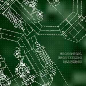 机械工程图纸。 技术插图。 技术设计图纸。 掩护。 绿色。 要点