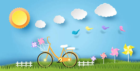 景观设计与自行车上的草, 太阳, 云, 纸艺术风格, 在柔和的色彩背景。矢量插图