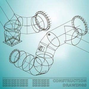 钢结构图纸。 管道和管道。 钢结构三维蓝图。 你设计的背景。 淡蓝色
