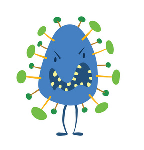 邪恶的坏苍蝇病菌病毒绿色细菌卡通矢量字符图标人体内细菌感染的概念