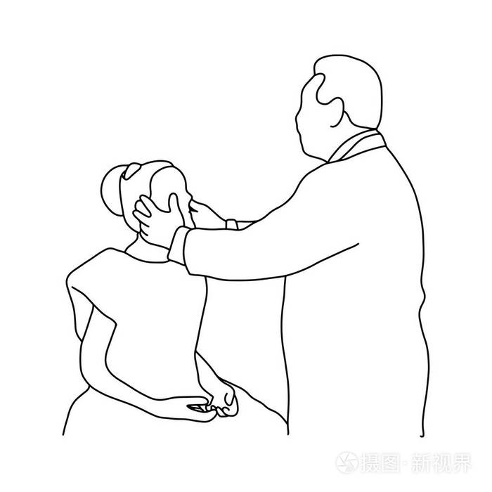 男性医生检查女性患者的眼睛边缘图示轮廓草图手绘用黑色的线条在白色