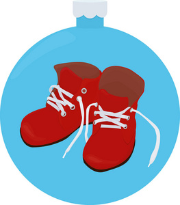 圣诞卡通红靴子在蓝色圣诞树球上被隔离