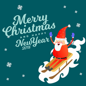 圣诞老人穿着红色的帽子和夹克, 胡子从山上滚落下来, 雪白的雪橇上, 圣诞和新年快乐的矢量插画
