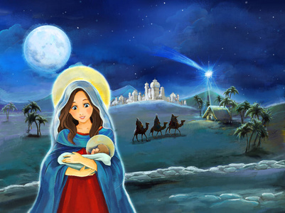 与玛丽和耶稣基督和旅行国王的卡通场景儿童插图
