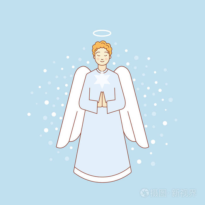 天空中的天使圣诞节明信片全长肖像矢量线性图