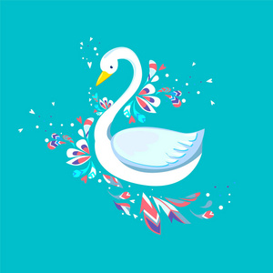 可爱卡通白天鹅手画插图,矢量插图照片