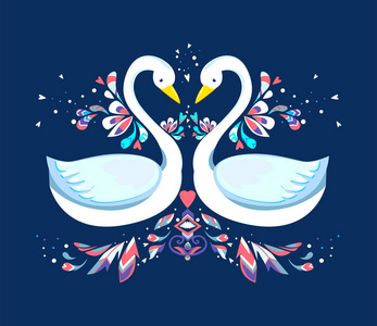 天鹅情侣蓝底白色天鹅可爱卡通情侣手绘插图照片