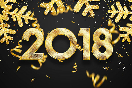 2018年新年快乐。 贺卡的黄金号码设计。 金色的闪光图案。 新年快乐横幅与2018年数字黑色明亮的背景。