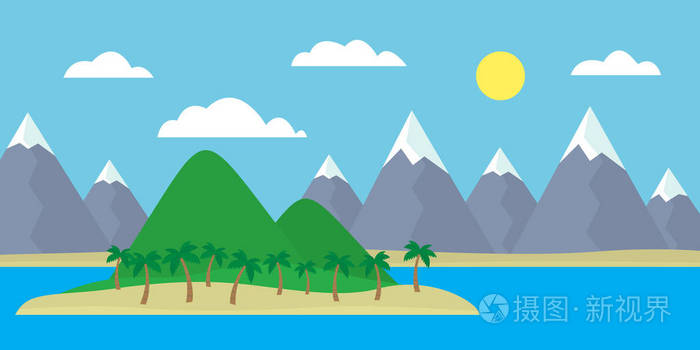 卡通山景的岛在绿色的小山, 树和灰色山脉山峰下雪下蓝色天天空与云与