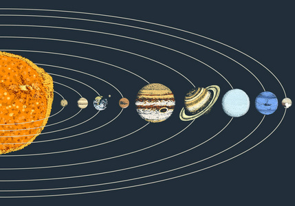 太阳系中的行星。月亮和太阳, 水星和地球, 火星和金星, 木星或土星和冥王星。天文星系空间。刻在旧素描, 老式风格的标签手绘