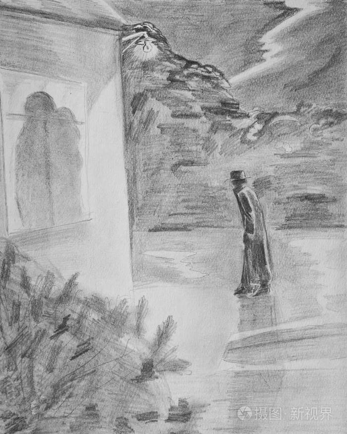 一个孤独的人在雨中行走. 孤独的寓言